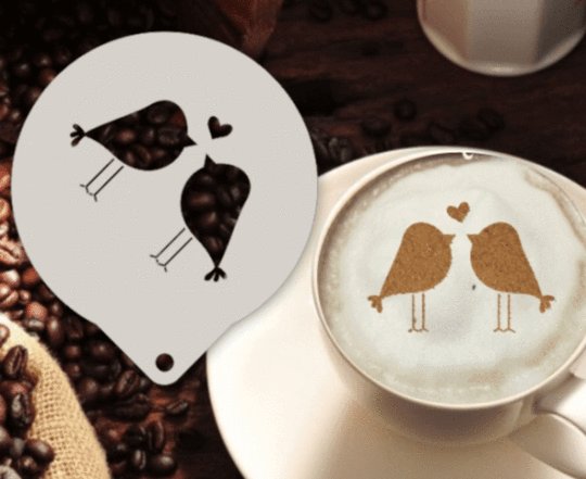 Šablona na zdobení kávy - Lovebirds - Kliknutím na obrázek zavřete